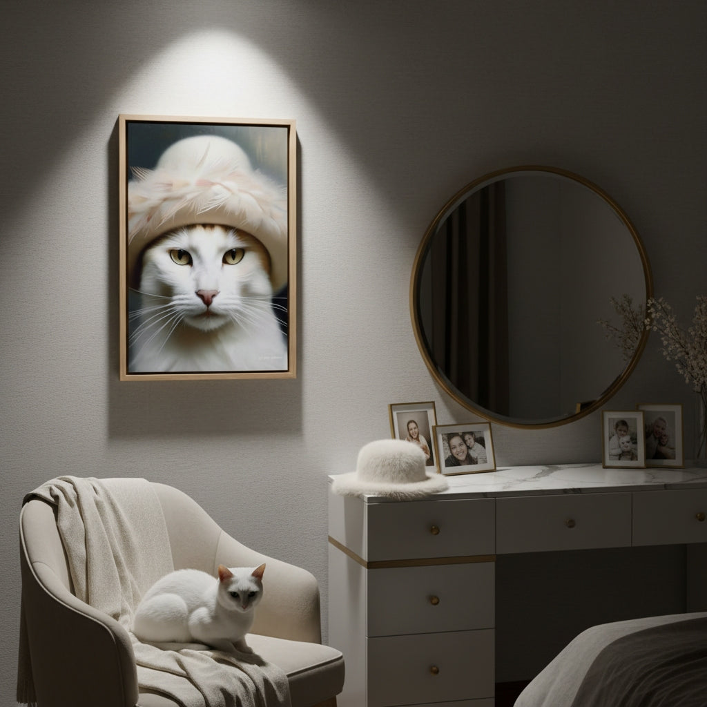 Cat sitting on a chair with a framed picture of a cat wearing a hat on the wall, and a round mirror above a dresser.