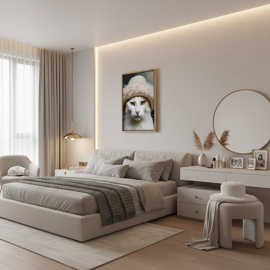Modern bedroom with a bed, side table, and wall art.