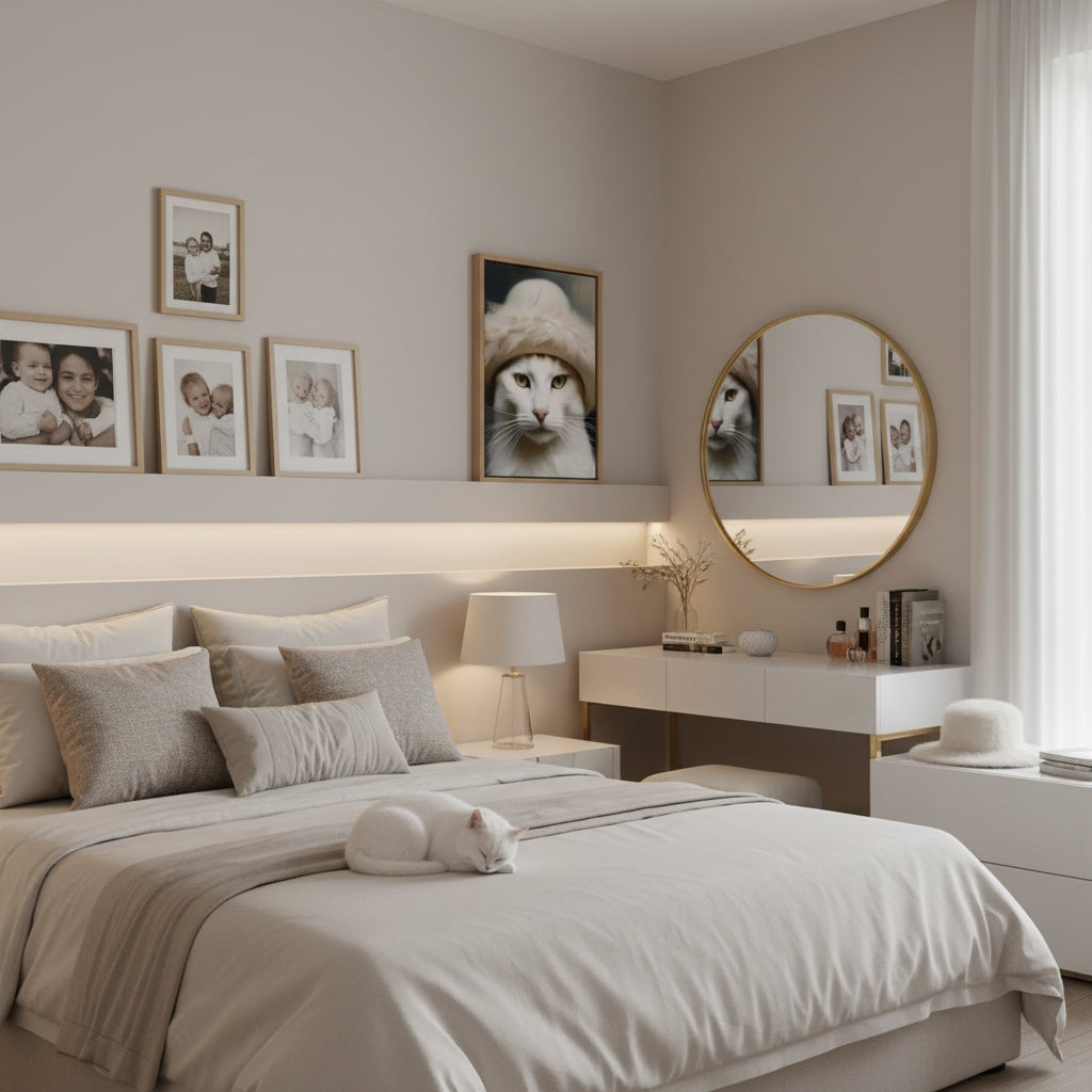 Neatly arranged bedroom with a bed, desk, and wall art.