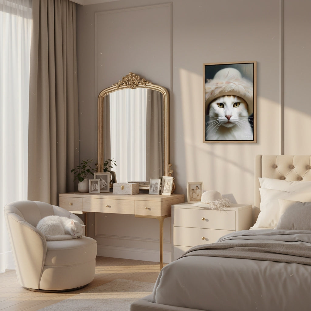 Neatly arranged bedroom with a mirror, dresser, and bed.