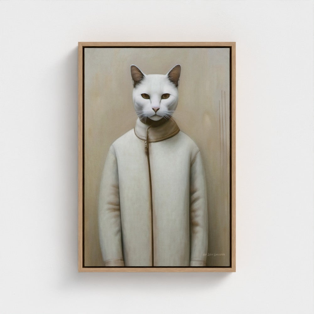 Framed artwork of a cat wearing a coat on a beige background