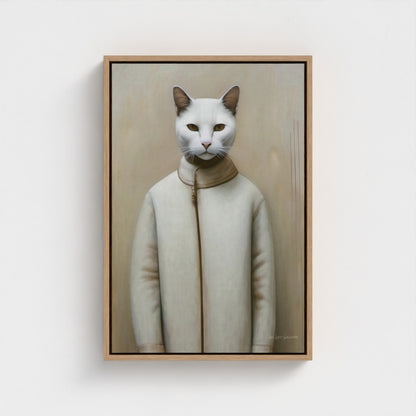 Framed artwork of a cat wearing a coat on a beige background