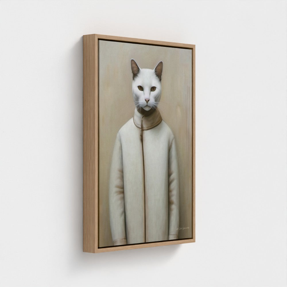 Framed artwork of a cat wearing a coat on a white background