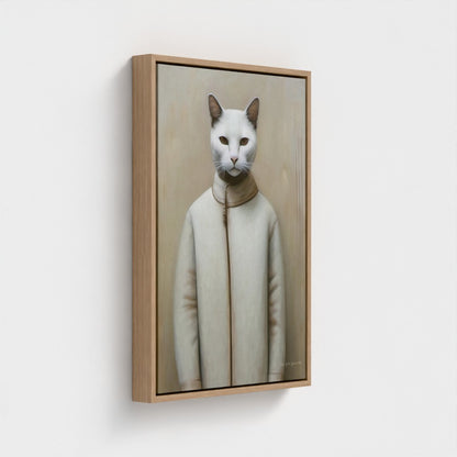 Framed artwork of a cat wearing a coat on a white background