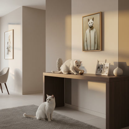 Two white cats in a modern living room with a framed picture of a cat on the wall.