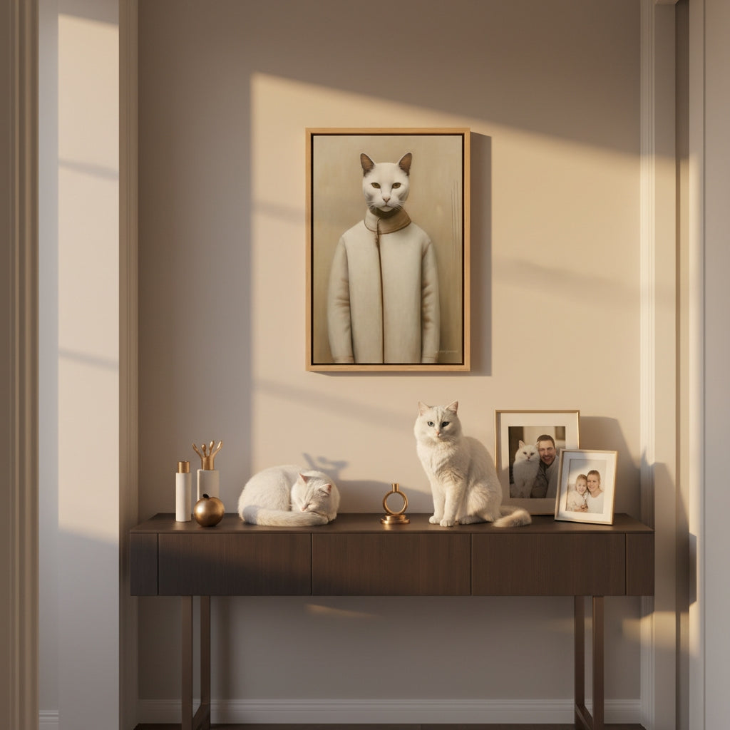 Framed picture of a cat wearing a coat on a wall above a wooden console table with decorative items.
