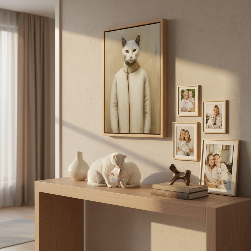Framed picture of a cat wearing a coat on a wall above a wooden console table with decorative items.