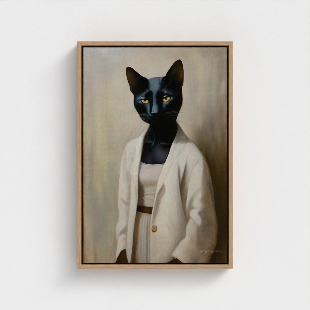Framed artwork of a black cat wearing a beige coat on a white wall