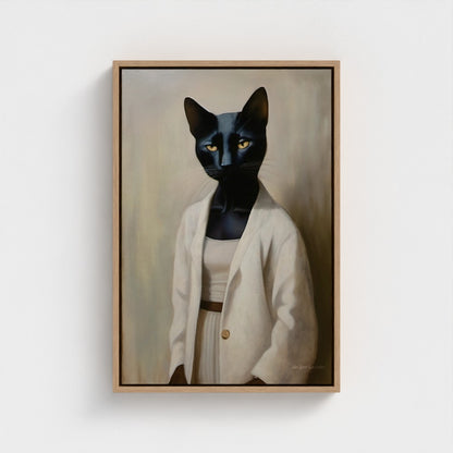 Framed artwork of a black cat wearing a beige coat on a white wall