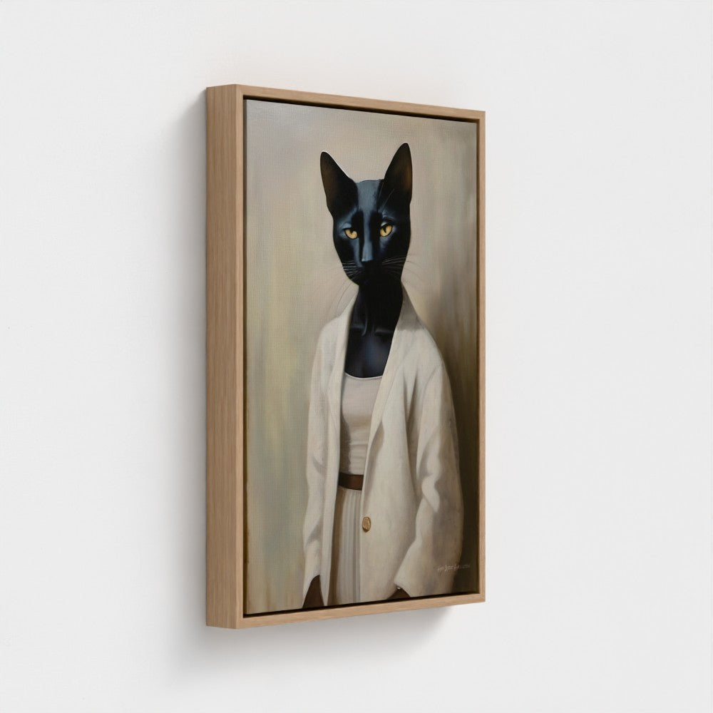 Framed artwork of a black cat in a beige outfit on a white background