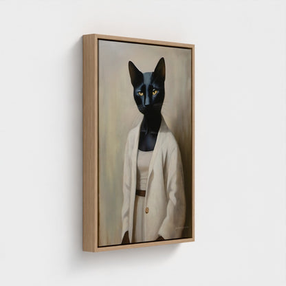 Framed artwork of a black cat in a beige outfit on a white background