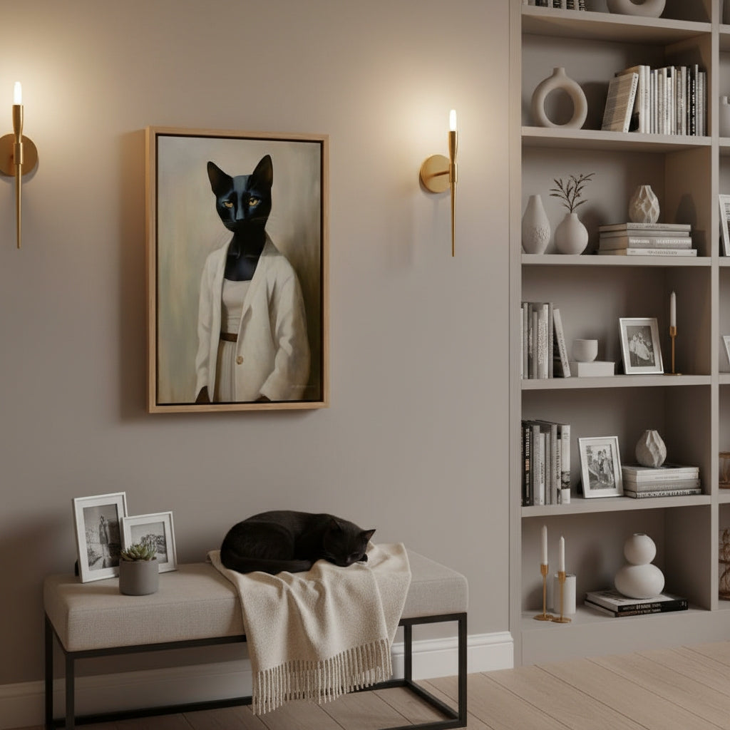 Living room with a framed picture of a cat wearing a coat on the wall, a black cat on a bench below, and a bookshelf with decor items.