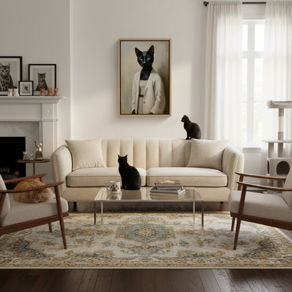Living room with beige sofa, coffee table, and decorative items including a framed picture of a cat.