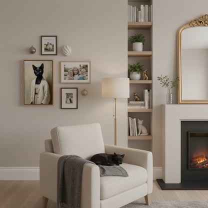 Cozy living room with a white armchair, fireplace, and bookshelf.