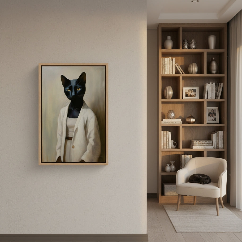 Framed artwork of a black cat in a white coat on a wall next to a bookshelf.