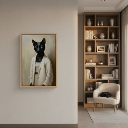 Framed artwork of a black cat in a white coat on a wall next to a bookshelf.