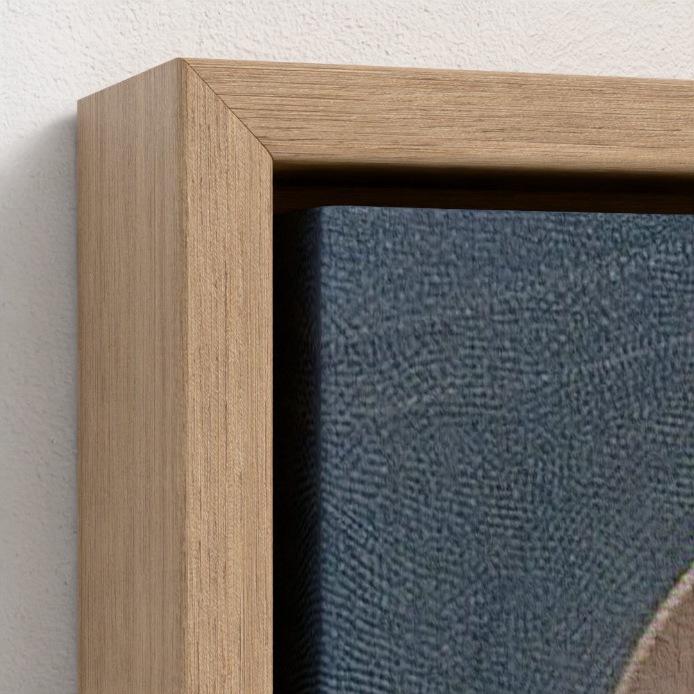 Close-up of a wooden frame with a textured blue painting inside.