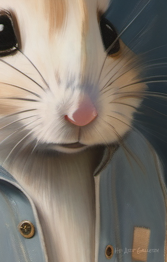 Close-up of a small animal wearing a blue jacket with a brand logo.