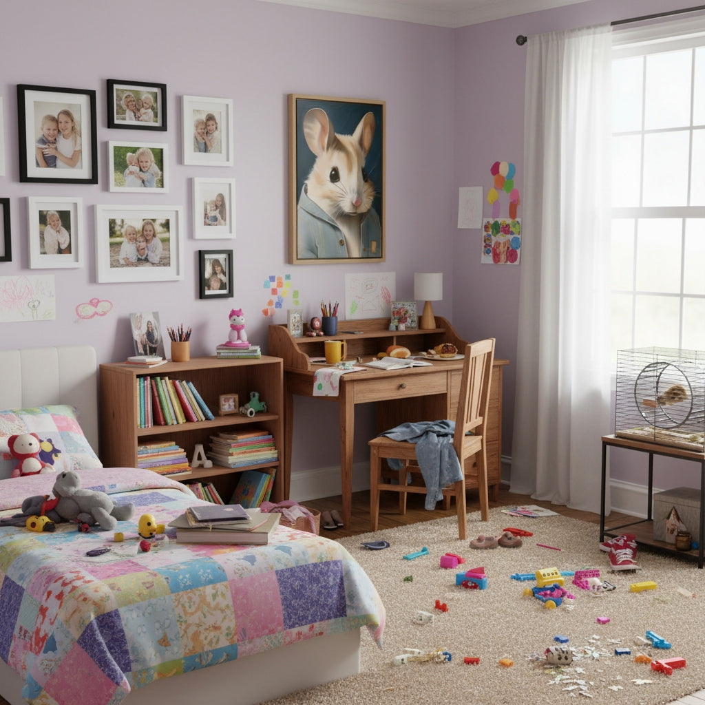 Children's bedroom with a desk, bookshelf, and toys on the floor.