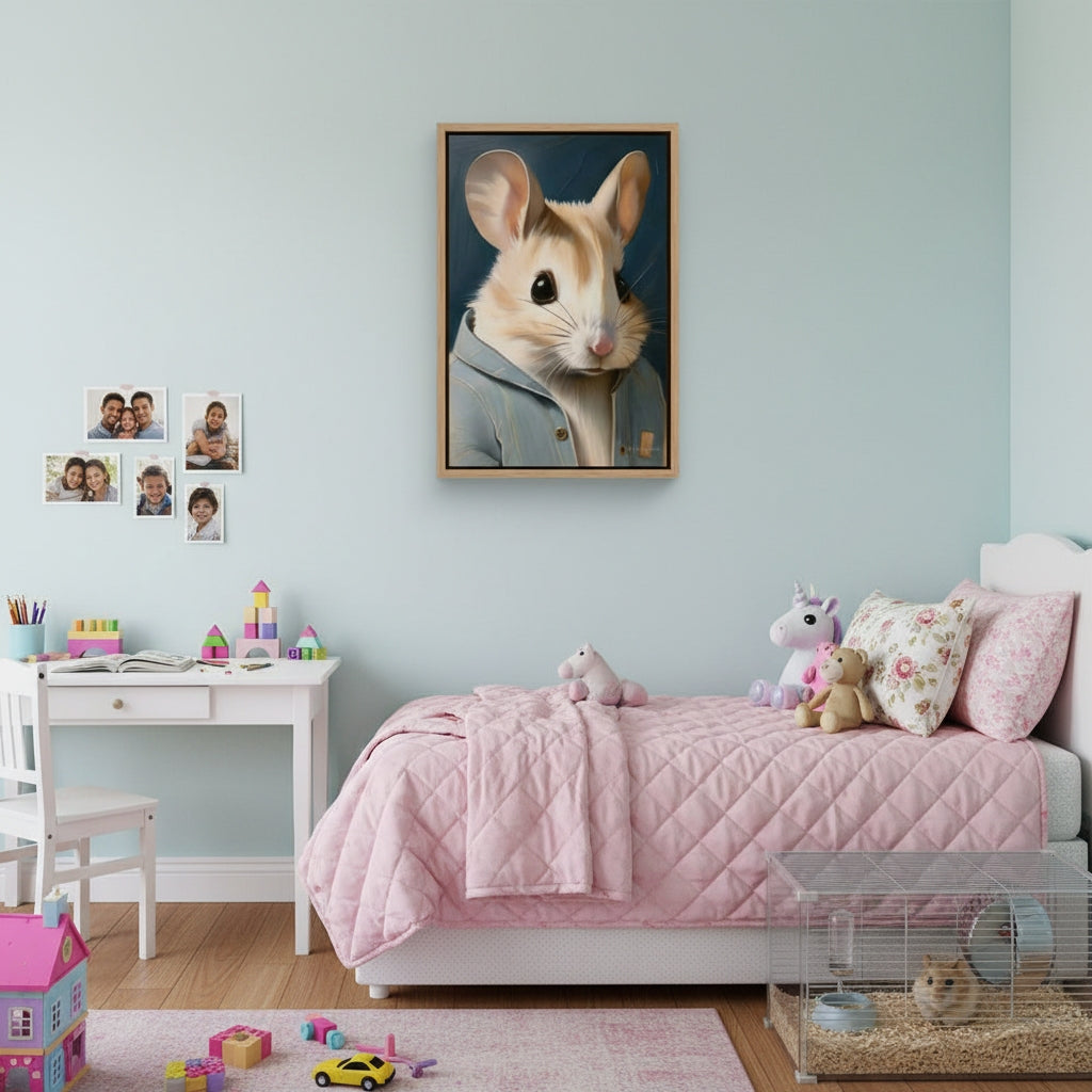 Children's bedroom with a framed picture of a hamster on the wall
