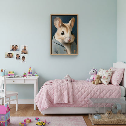 Children's bedroom with a framed picture of a hamster on the wall