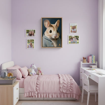 Children's bedroom with pink walls, a bed with pink bedding, and a desk with books.
