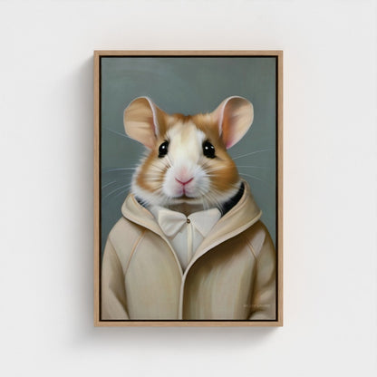 Framed artwork of a hamster wearing a beige hoodie on a white wall.