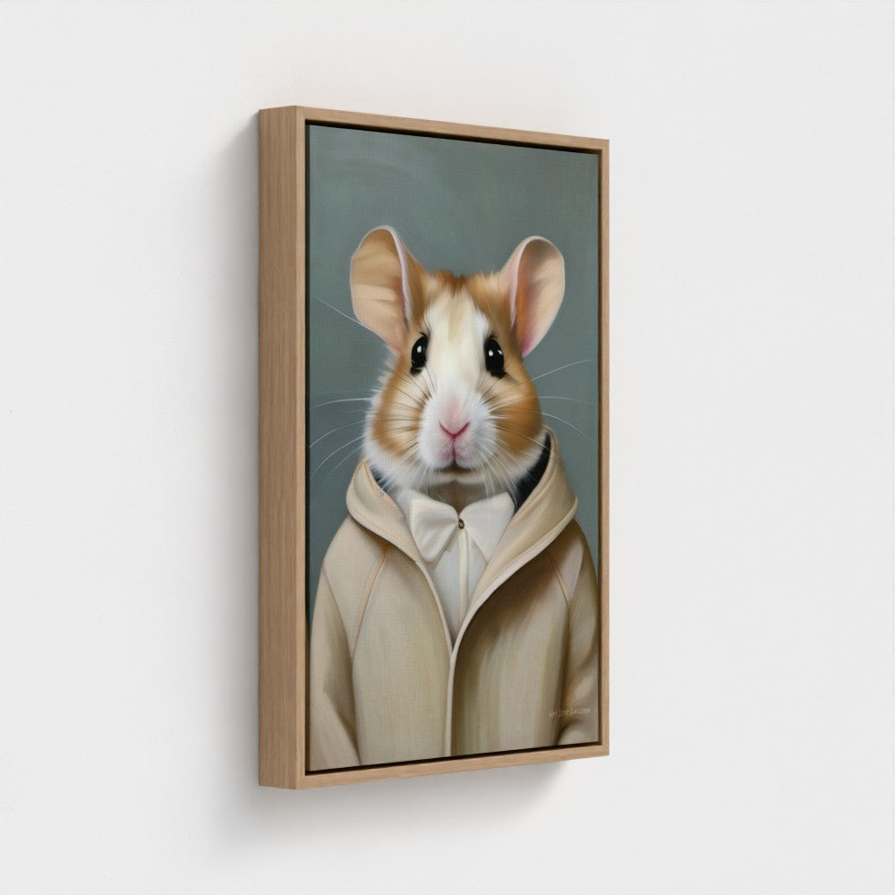 Framed artwork of a hamster wearing a suit on a light gray background