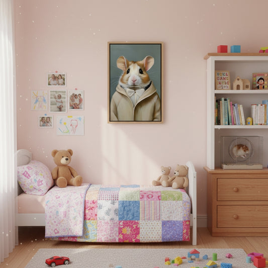 Children's bedroom with a bed, teddy bear, and colorful quilt.