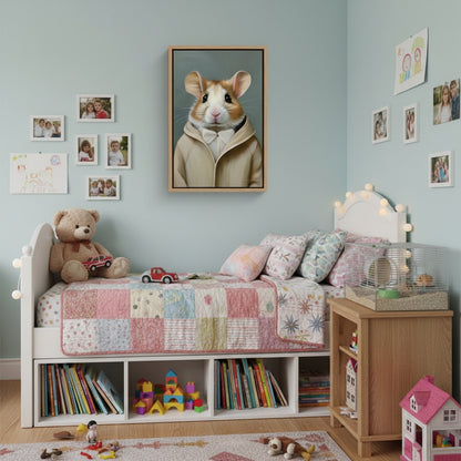 Children's bedroom with a bed, teddy bear, books, and toys against a light blue wall.