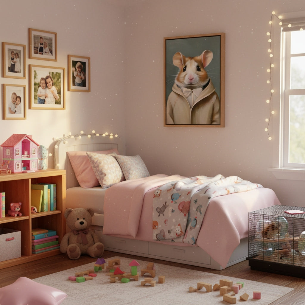 Children's bedroom with a bed, toys, and wall art of a hamster.