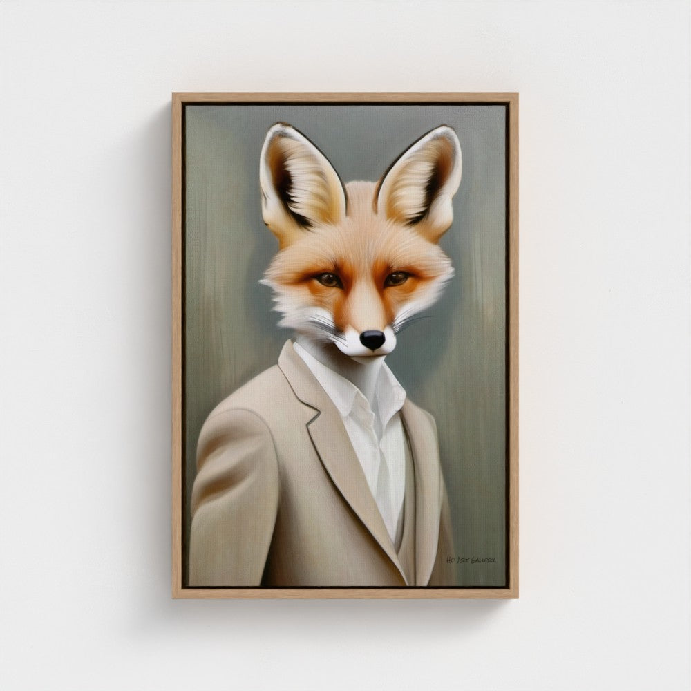 Framed artwork of a fox wearing a suit on a white wall