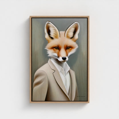 Framed artwork of a fox wearing a suit on a white wall