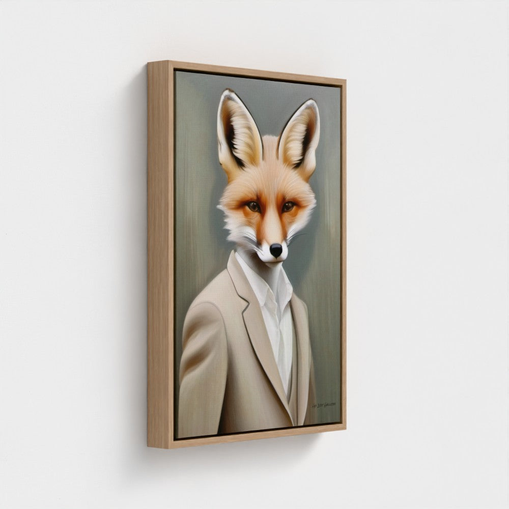 Framed artwork of a fox wearing a suit on a light gray background