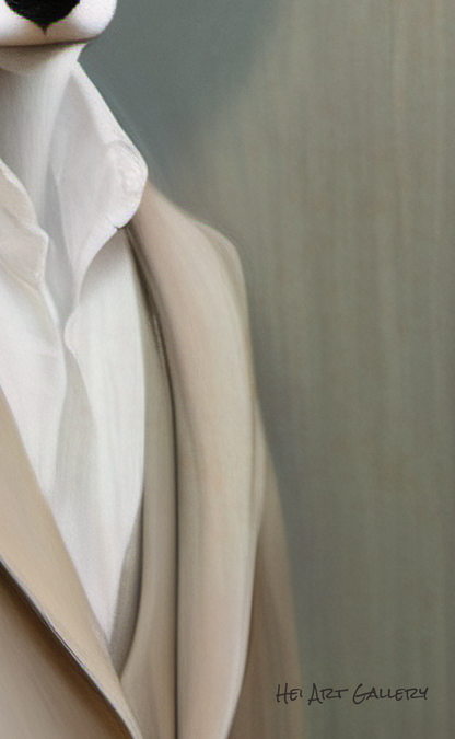 Artistic depiction of a cat wearing a coat with a blurred background