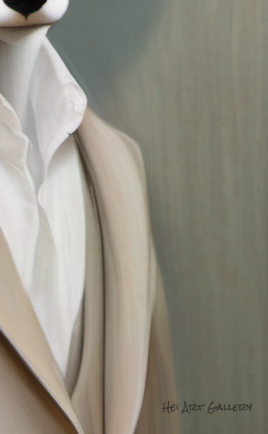 Artistic depiction of a cat wearing a coat with a blurred background