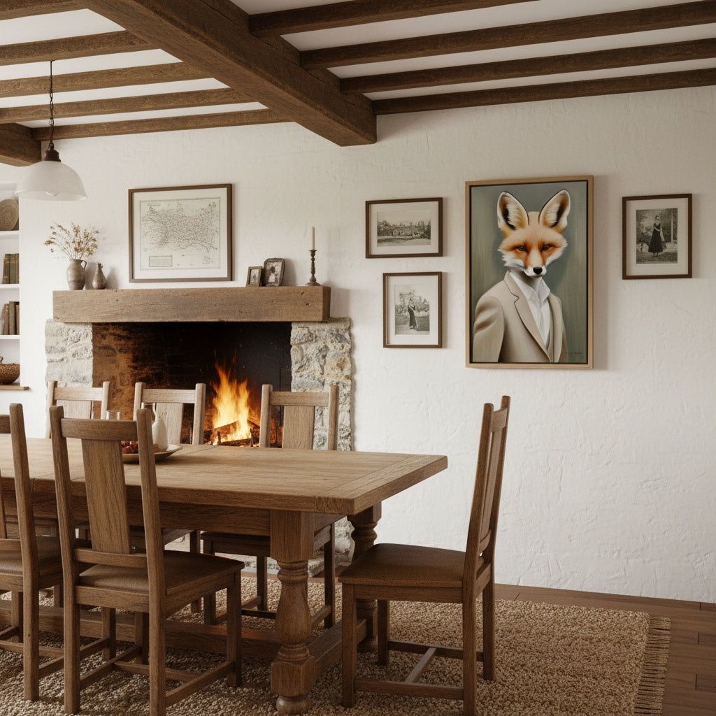 Dining room with wooden table and chairs, fireplace, and framed pictures on the wall.