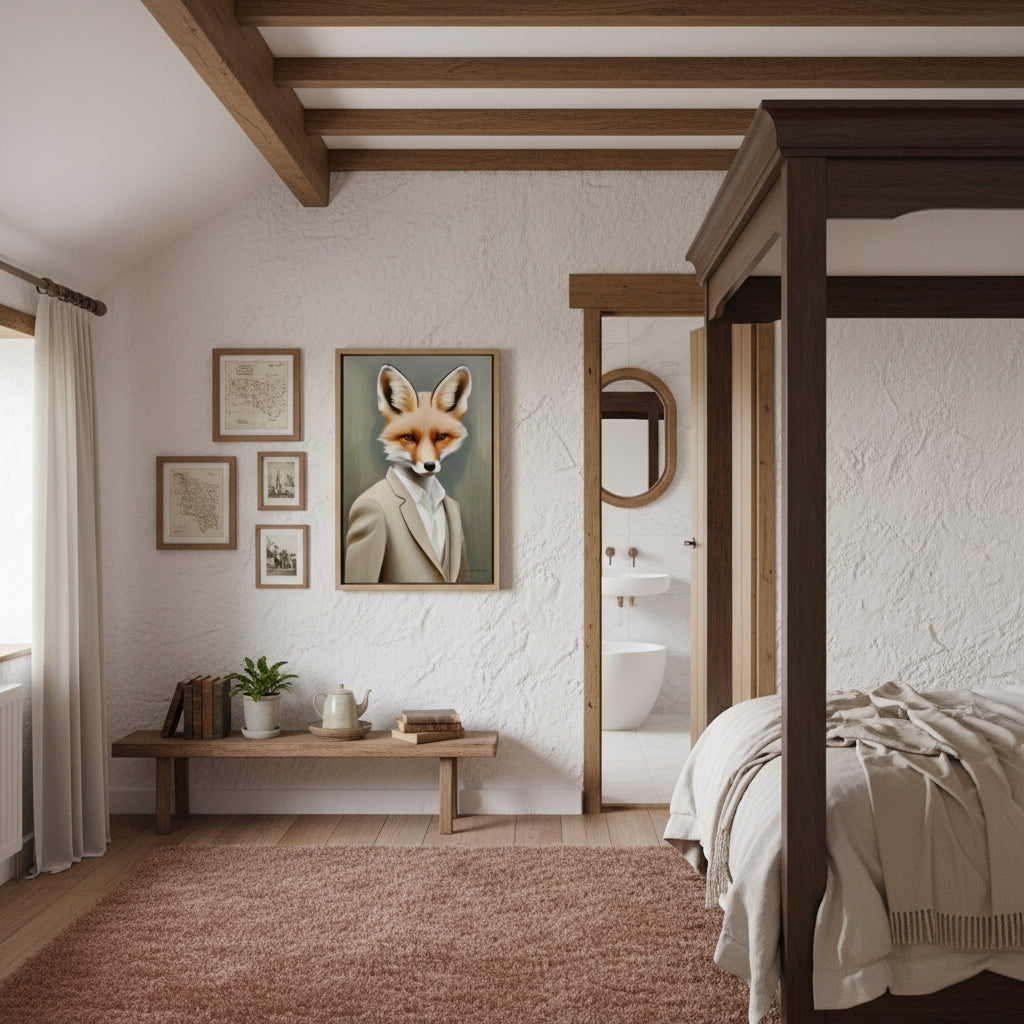 Bedroom with a fox portrait on the wall, wooden bench, and bed.