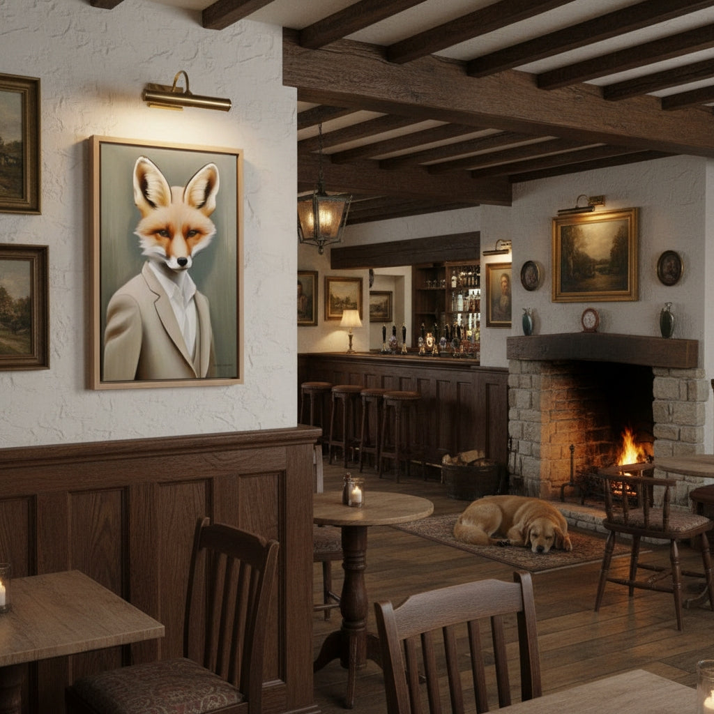 Cozy interior of a pub with wooden beams, fireplace, and framed pictures on the walls.