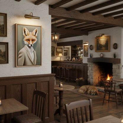 Cozy interior of a pub with wooden beams, fireplace, and framed pictures on the walls.