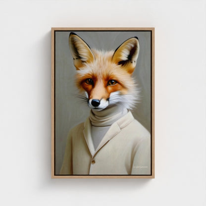 Framed artwork of a fox wearing a sweater on a white wall