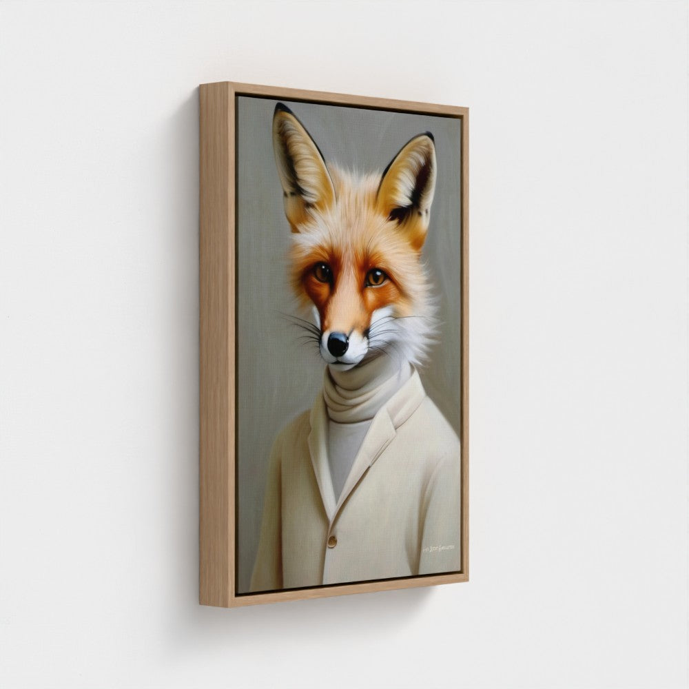 Framed artwork of a fox wearing a suit on a white background