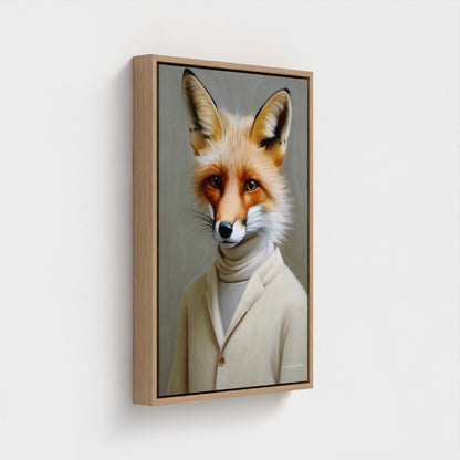 Framed artwork of a fox wearing a suit on a white background