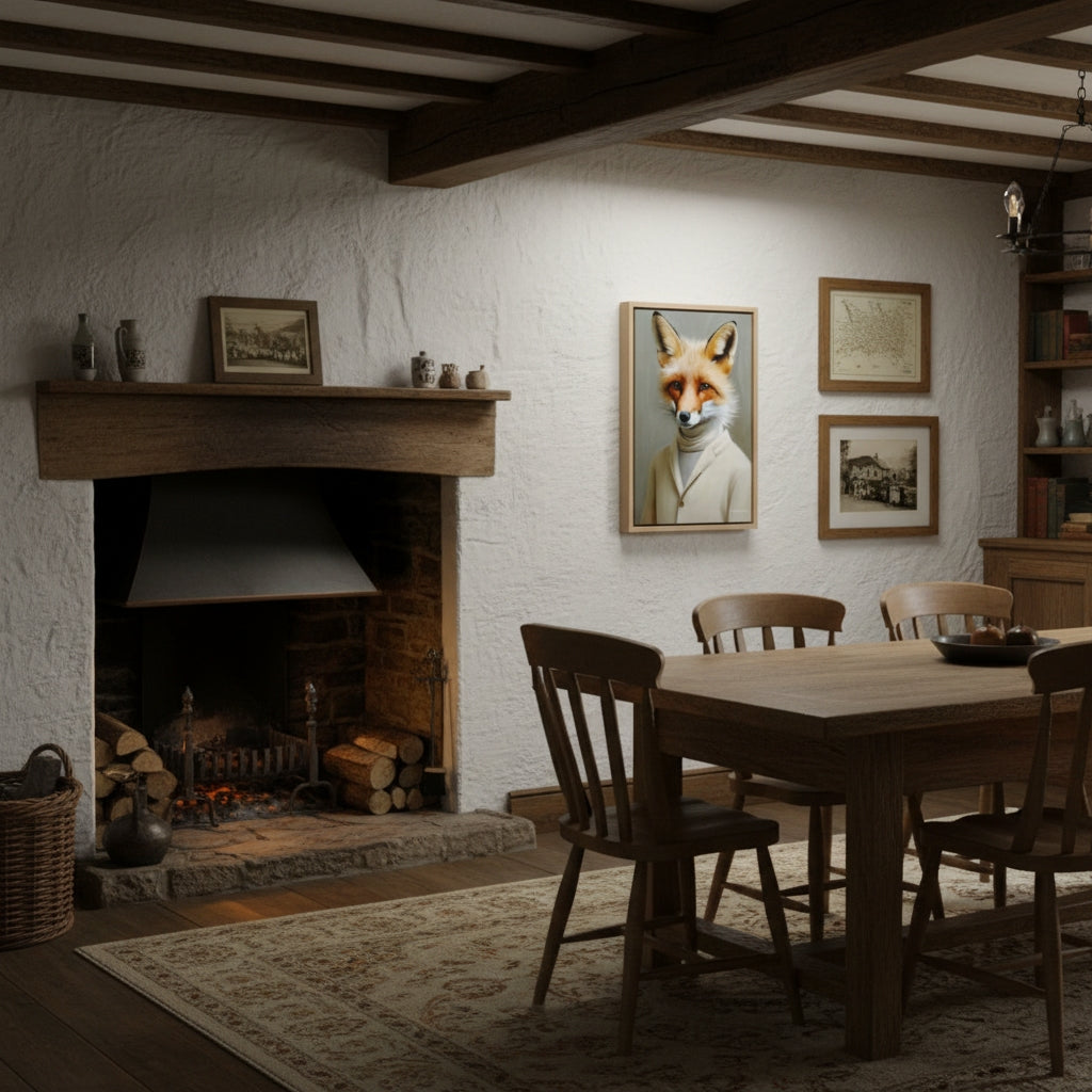 Dining room with wooden table, chairs, and a fireplace.