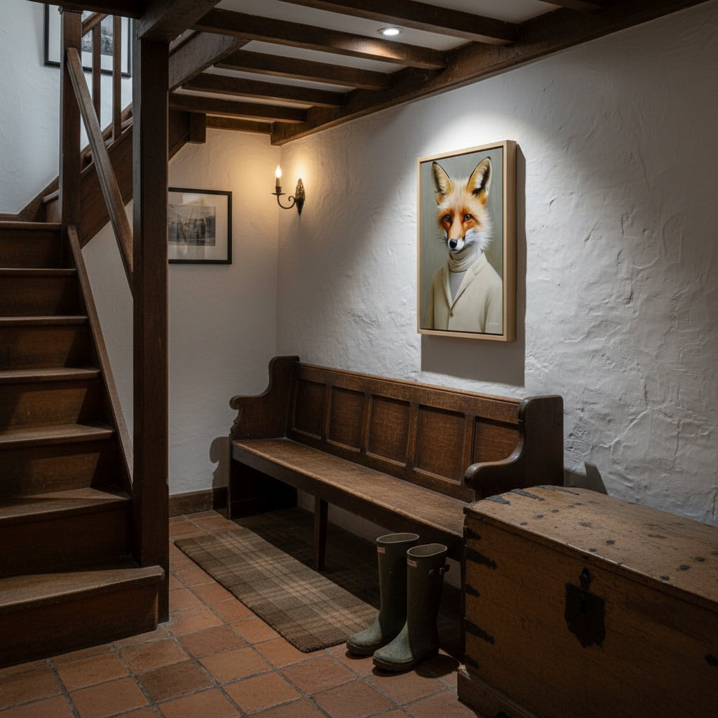 Staircase with wooden bench, green boots, and framed fox portrait in a home setting.
