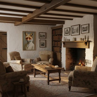 Cozy living room with fireplace, bookshelf, and framed pictures.