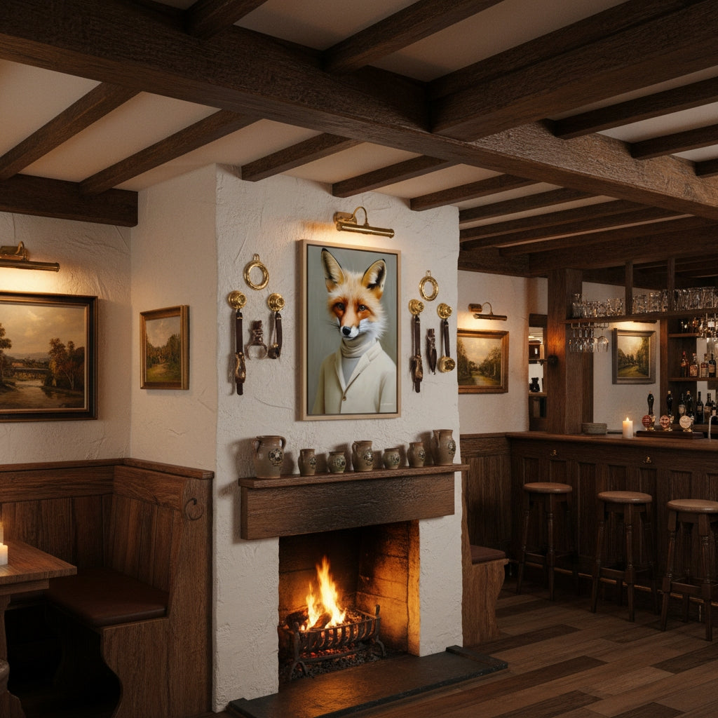Cozy interior of a pub with a fireplace, fox-themed artwork, and wooden beams.