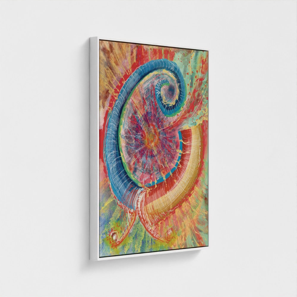 Colorful abstract spiral art print on a white background