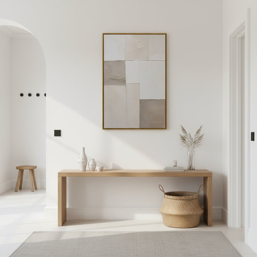 Modern interior with a wooden console table, abstract art, and decorative items.