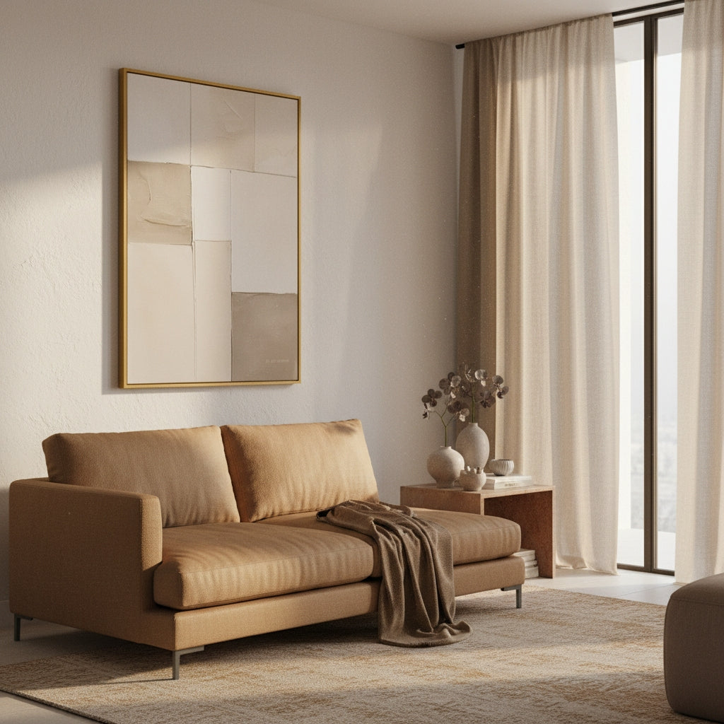 Modern living room with a beige sofa, abstract mirror, and decorative items.
